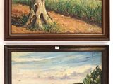 two paintings of a tree and a river in a frame