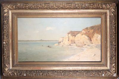 an image of a painting of a beach scene with a boat in the water