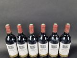 six bottles of red wine lined up in a row