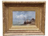 une peinture à l'huile représentant des bateaux sur la plage, au bord de l'eau