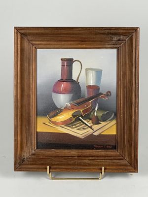 Frank LEAN (XXe siècle). « Nature morte au violon et au verr…