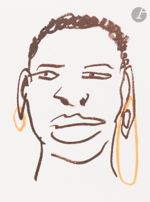 drawing of a woman ' s face with ear rings and a pair of earrings