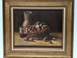 an oil painting of a basket of onions and a vase on a table