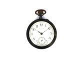 a black pocket watch with a white face on a white background