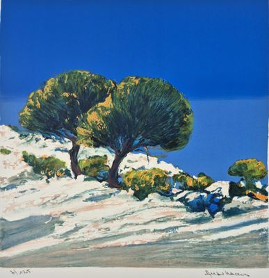an image of a painting of two trees on a snowy hill