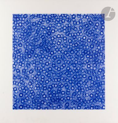 an image of a blue and white painting with circles on it