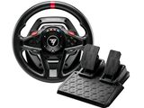 a close up of a steering wheel and pedals on a white background