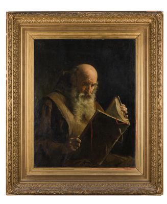a painting of an old man reading a book in a gold frame