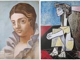 two paintings of a woman sitting on a chair and a man sitting on a chair