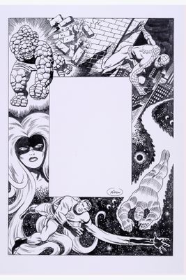 a black and white drawing of a frame with a picture of a woman surrounded by other people