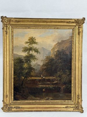 une peinture à l'huile représentant un paysage avec une rivière au premier plan