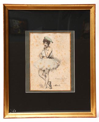 framed drawing of a woman in a tutu and a parasol