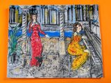 un tableau représentant une femme en robe rouge et une femme en robe jaune