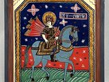 tableau représentant une femme à cheval, tenant un parapluie rouge