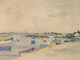 une aquarelle représentant des bateaux sur l'eau