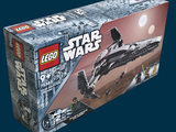 une boîte contenant des sets Lego Star Wars sur fond bleu