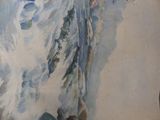 a painting of a man riding a snowboard on a snowy slope