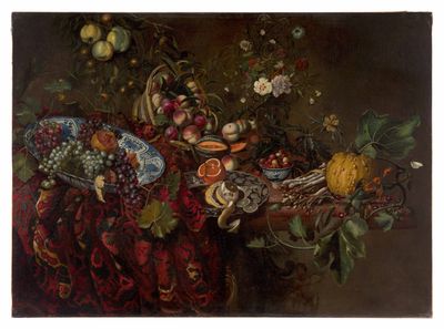 painting of a still life of fruit and flowers on a table