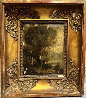 a painting of a wooded landscape with a man and a dog in the foreground