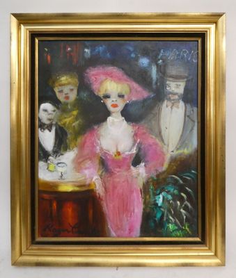peinture d'une femme en robe rose et d'un homme en smoking blanc