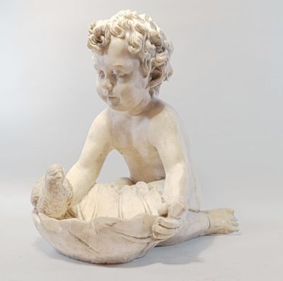 statue of a baby in a bowl on a white background