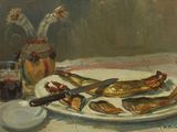 une peinture représentant une assiette de poisson posée sur une table