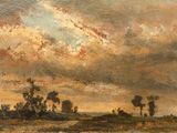 une image représentant un tableau montrant un ciel nuageux avec des arbres au premier plan