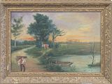a painting of a man and a woman walking by a river