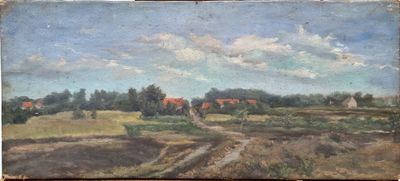 an oil painting of a landscape with a dirt road in the foreground and houses in the distance