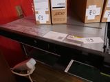 two boxes on a shelf with a lot of labels on them