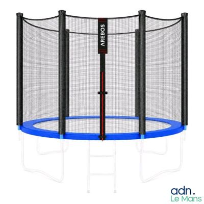 un trampoline bleu surmonté d'un filet de sécurité