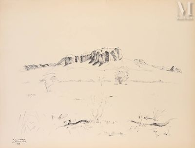 dessin représentant un paysage avec une montagne au loin et une personne à cheval au premier plan