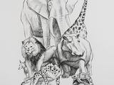 dessin représentant un éléphant, une girafe, un lion et d'autres animaux