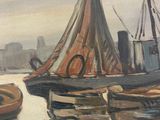a painting of boats in the water with a city in the background