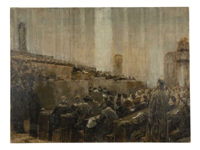 an image of a painting of a group of people in a large room