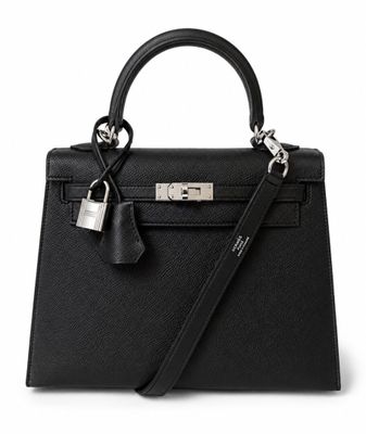 a black leather handbag with a lock on the handle