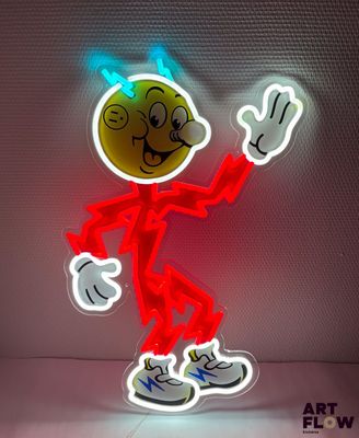 enseigne lumineuse représentant un personnage de dessin animé qui fait un signe de la main