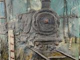 a painting of a train that is on a table