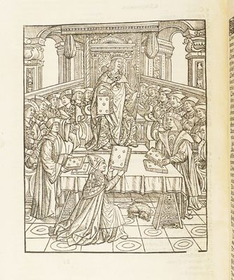 un vieux livre sur lequel figure le dessin d'un homme et d'une femme dans un décor médiéval