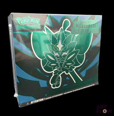 une boîte de cartes Pokémon avec un motif vert et noir