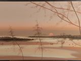 une photo d'un tableau représentant un coucher de soleil sur un plan d'eau