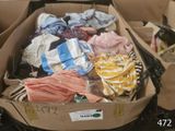 a cardboard box full of clothes that is sitting on the floor