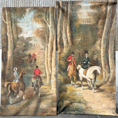 deux tableaux représentant des personnes à cheval dans une zone boisée