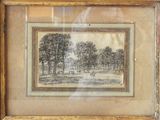 framed drawing of a landscape with trees and cows in a field