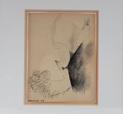 dessin représentant une femme assise sur un lit, la tête posée sur un oreiller