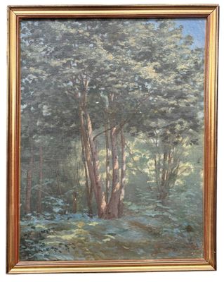an oil painting of a forest scene with a path through the woods