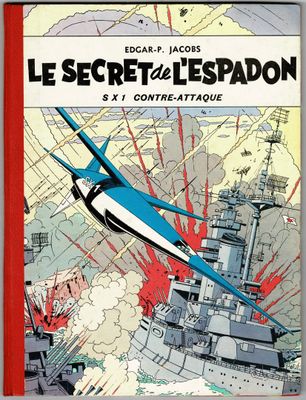 la couverture du livre *Le Secret des Espadon*, sur laquelle on voit un avion survolant un cuirassé
