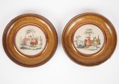 pair of antique hand painted plates with scenes of people and animals