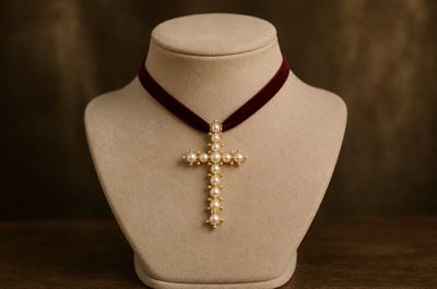 a close up of a necklace with a cross on a mannequin