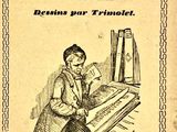 un vieux livre sur lequel figure le dessin d'un homme assis à un bureau